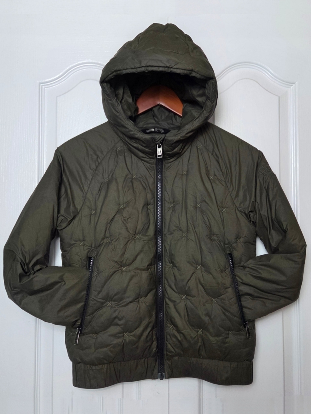 The North Face Cropped Bomber Jacket XS Starburst Quilt Hooded Army Green Olive